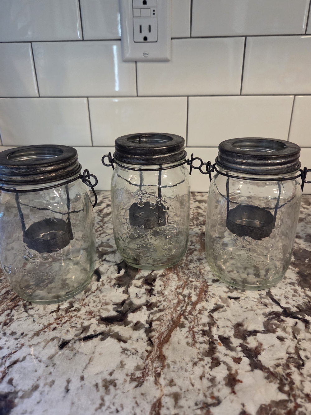 Rustic Glass Mason Jar Candle Holders - Clear with Black Metal Accents